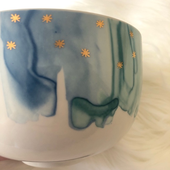 Anthropologie Night Sky Bowl Stoneware Blue Teal Drip Watercolor Wash Gold Star - Picture 1 of 6